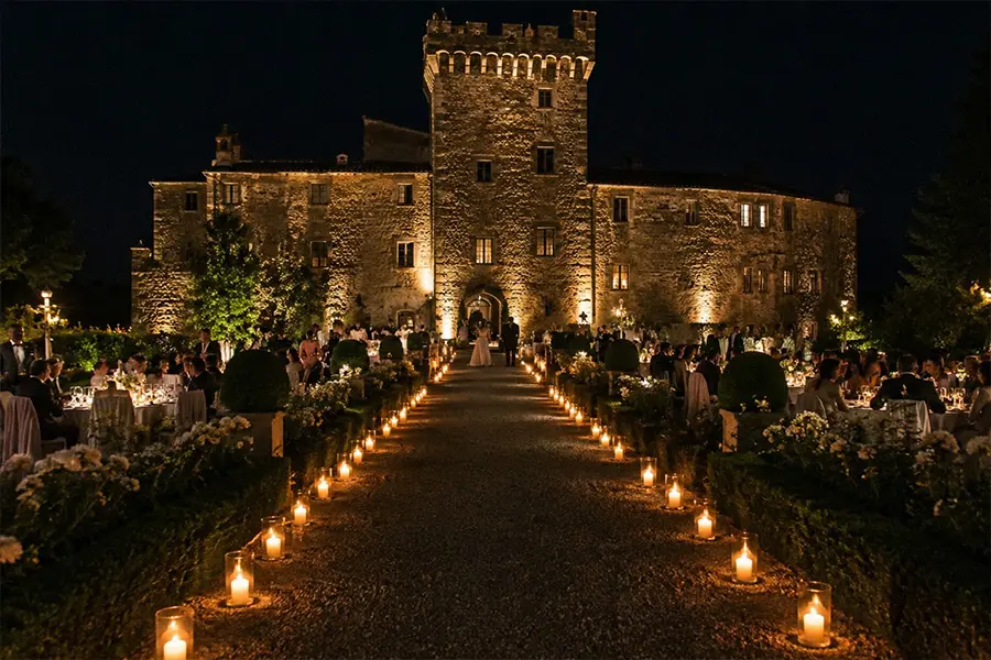 Percorso d’ingresso illuminato da candele in vetro trasparente disposte lungo un vialetto esterno
