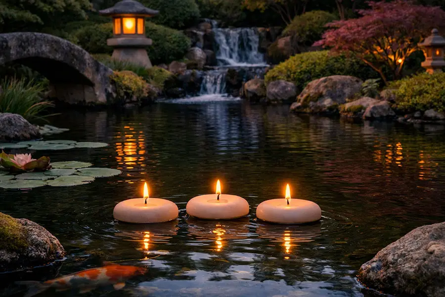 Candele galleggianti color avorio illuminate all’interno di una fontana decorativa durante un matrimonio serale