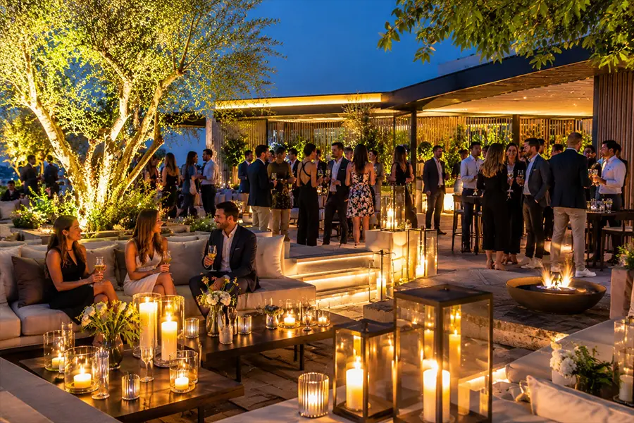 Zona lounge allestita con candele e luci soffuse durante un evento serale all’aperto